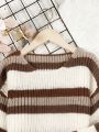 SHEIN Kids HYPEME Girls' Fashionable Knitted Three Piece Set For Autumn And Winter, Including Striped Sweater And Skirt