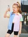 SHEIN Kids EVRYDAY Little Girl's Woven Color-block Striped Button-down Shirt With Single Pocket, Loose Fit