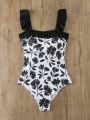 Women's Printed One-piece Swimsuit With Square Neckline