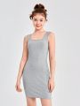 SHEIN Teen Girls' Sleeveless Ribbed Knit Square Neck Bodycon Dress 2pcs/set