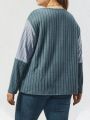 Plus Size Color-Block Long Sleeve Half Zipper T-Shirt