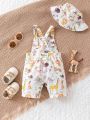 SHEIN 2pcs/Set Baby Boys' Casual Animal Printed Short Jumpsuit With Hat, Suitable For Outdoor Activities