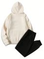 Extended Sizes Men Plus Letter Graphic Kangaroo Pocket Drawstring Hoodie & Sweatpants