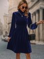 Mock Neck Lantern Sleeve Velvet Dress