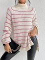 SHEIN Essnce Striped Pattern Turtleneck Raglan Sleeve Split Hem Sweater