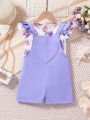 Toddler Girls' Summer Sporty Comfortable Heart Pattern Overalls And Ruffle Trimmed Floral Top 2pcs Outfit