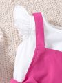 SHEIN Kids QTFun Young Girl Spring/Summer Ruffle Sleeve Top And Suspenders Skirt Set