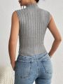 SHEIN Essnce Women's Solid Color Ribbed Tank Top With Turtleneck Design