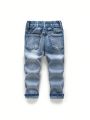 Boys' (Little) New Fashionable Casual Ripped Water Washed Denim Skinny Jeans