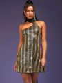 Mienne Mock Neck Draped Tie Sequin Dress