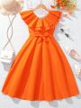 SHEIN Kids SUNSHNE Tween Girls' Solid Color Double Layered Ruffle Collar Umbrella Dress