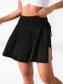 Solid Color Drawstring High Waist Athletic Skirt