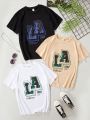 3pcs/Set Teenage Boys' La Letter Printed Round Neck Short Sleeve T-Shirt, Summer