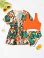 Young Girl Tropical Print Cut Out One Piece Swimsuit With Kimono