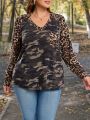 SHEIN LUNE Plus Size Camouflage & Leopard Print V-neck T-shirt