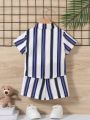 SHEIN Baby Boy Striped Short Sleeve Shirt And Shorts Casual Holiday Outfit