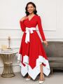 SHEIN Lady Contrast Color Irregular Hem Belted Dress