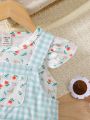 Baby Girls' Plaid Overalls Jumpsuit & Floral Short Sleeve Top Set