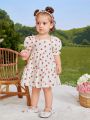 SHEIN Baby Girls' Summer Holiday Bubble Sleeve Dress With Floral Pattern