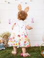 SHEIN Infant Girls' Cute Rabbit & Floral Print Flying Sleeve Loose Fit Dress