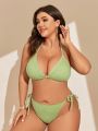 SHEIN Swim Basics Plus Size Women'S Solid Color Halter Neck Strap Swimsuit Set