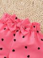 Baby Girl Cartoon Graphic Ruffle Trim Tee & Heart Print Bow Front Shorts & Headband