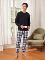 Men's Solid Color Top & Plaid Pattern Long Pants Homewear Set