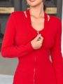 Women'S Solid Color Hollow Out Zipper Front Sweater Dress