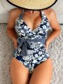 SHEIN Swim Vcay Random Floral Printed One-piece Swimsuit With Waist Belt