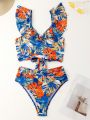 SHEIN Swim Vcay Women's Tropical Plant Print Ruffled Two-Piece Swimsuit