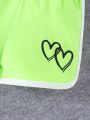 Baby Girl Heart Printed Short Sleeve T-Shirt And Shorts 2pcs/Set, Spring/Summer Comfortable,Casual,Cute, Sports, Outdoor, And Fashionable