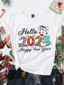 Plus Size Women's Snowman Print Short Sleeve T-shirt With Slogan, Round Neck