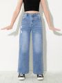 Girls' (Big) New Arrival Slim-Fit Distressed Straight Leg Jeans With Washed Effect