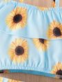 Baby Girl Sunflower Print Cold Shoulder Ruffle Trim Top & Shorts