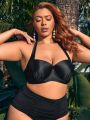 SHEIN Leisure Plus Size Solid Color Halter Neck Swimwear Top With Steel Ring