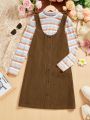 SHEIN Kids CHARMNG Tween Girls' Striped T-Shirt And Overall Dress Set