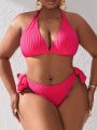 SHEIN Swim Basics Plus Size Women'S Halterneck Lace-Up Swimsuit Suit