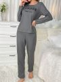 Women's Dark Grey Letter Print Ribbed Loungewear Set