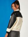 EVERGLOW Colorblock Flap Pocket PU Leather Jacket