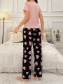 Heart Printed Short Sleeve T-Shirt And Long Pants Pajama Set