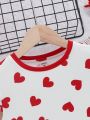 SHEIN Kids Y2Kool Girls' Heart Print Round Neck Flying Sleeve Tee With Ruffle Detail