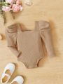 SHEIN Baby Girl Square Neck Puff Sleeve Ribbed Knit Bodysuit