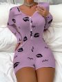 Women's Lip Print Pattern Short Jumpsuit Pajamas