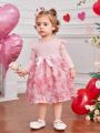 SHEIN Elegant Knit Patchwork 3d Flower Mesh Long Sleeve Belted Dress For Baby Girls