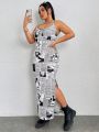 SHEIN Coolane Plus Size Women's Newspaper Print Split Hem Cami Dress