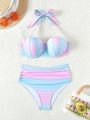 Women's Gradient Color Halter Neck Separated Swimsuit With Shell Cups