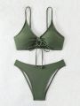 Solid Color Drawstring Detail Bikini Swimwear Set