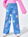 JNSQ Tween Girl Denim-Effect and Floral Print Wide Leg Pants