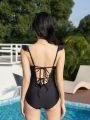 One Piece Solid Swimsuit With Ruffle Trim