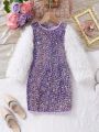 SHEIN Kids QTFun Toddler Girls' Elegant Beaded Plush Long Sleeve Dress For Parties, Autumn & Winter